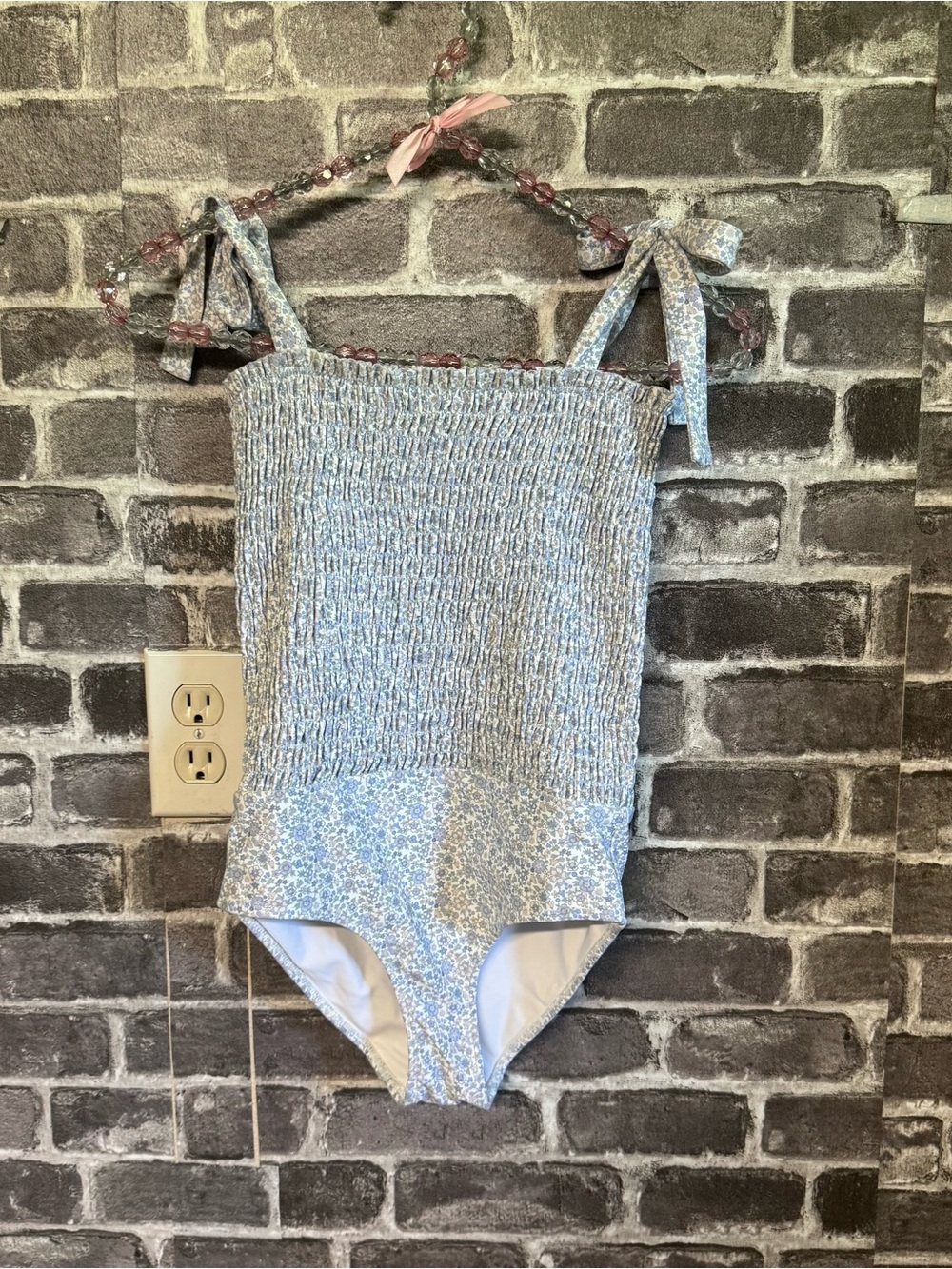 Minnow floral tie smocked one piece swimsuit white blue